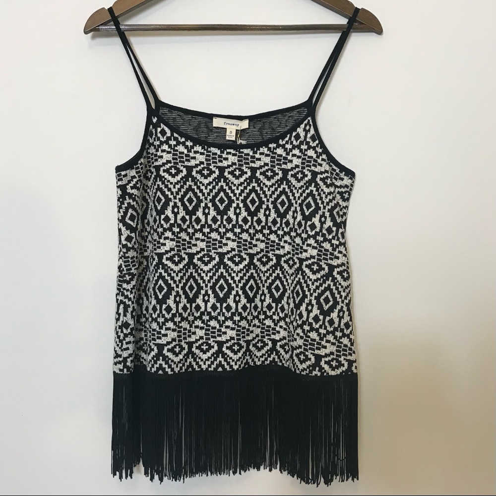 New Freeway Y2K Vibe Fringe Boxy Oversize Camisole Top Black White Tribal Aztec